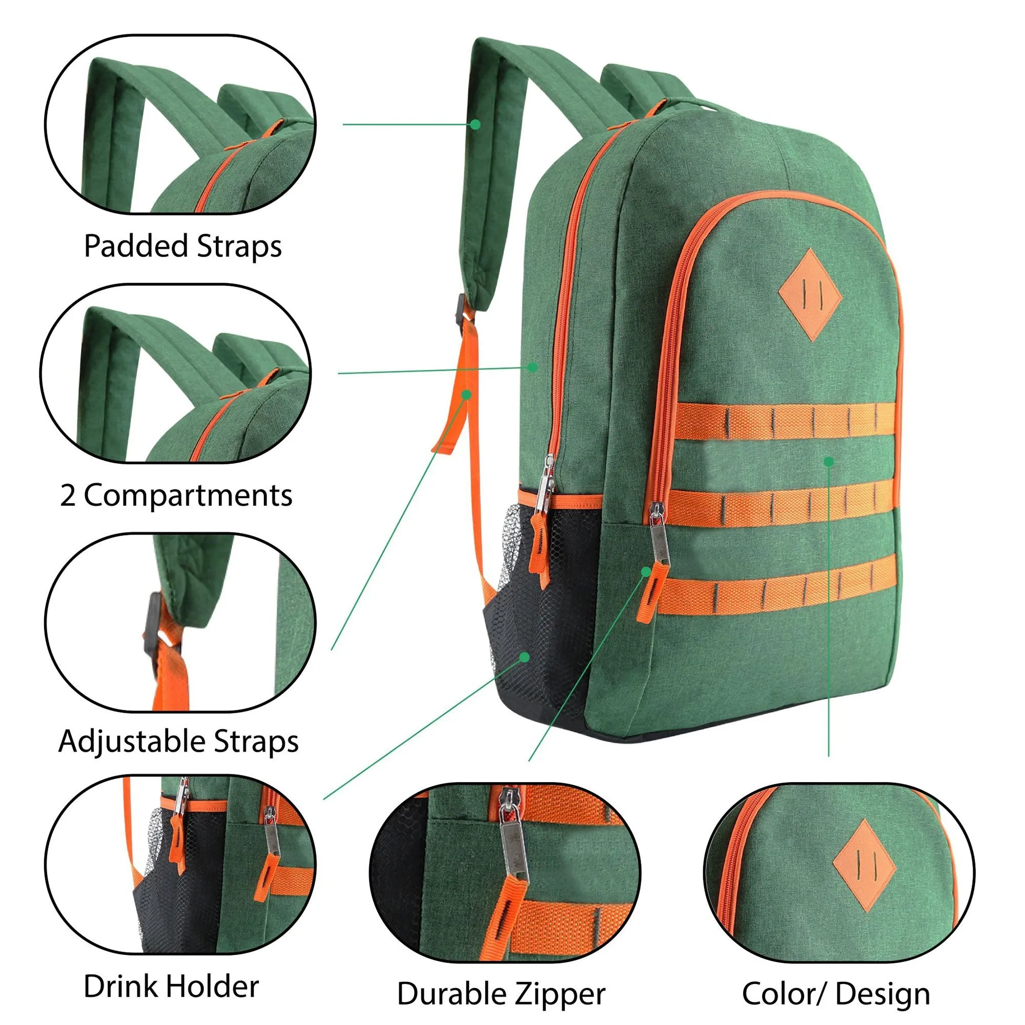 12 Deluxe Wholesale 19" Backpacks in Assorted Colors and 12 Bulk School Supply Kits of Your Choice