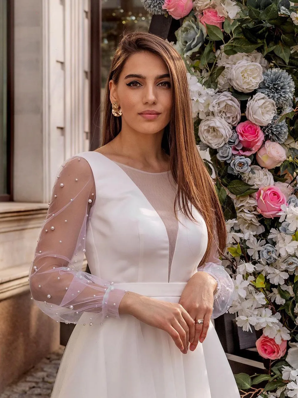 Amazing Long Sleeves Beaded Tulle A-line Wedding Dresses WD601