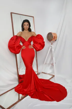 Autumn Elegant Off-Shoulder  Long Red  Evening Dress