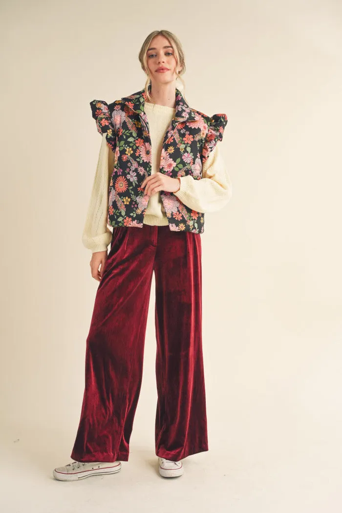 Black and Floral Ruffle Sleeved Puff Vest