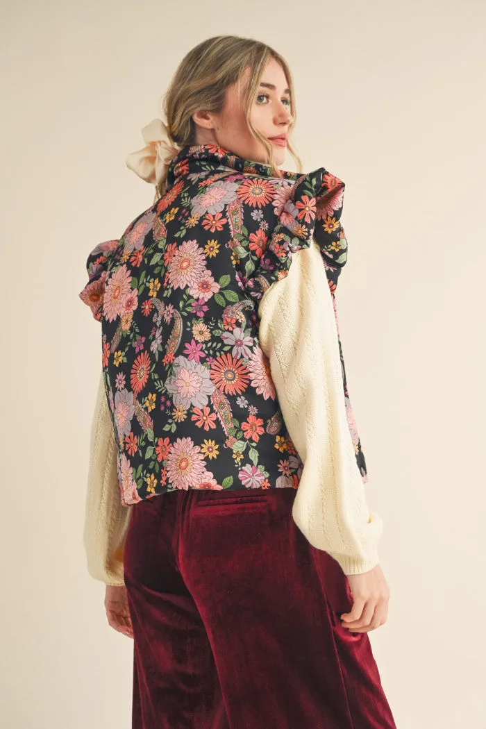 Black and Floral Ruffle Sleeved Puff Vest