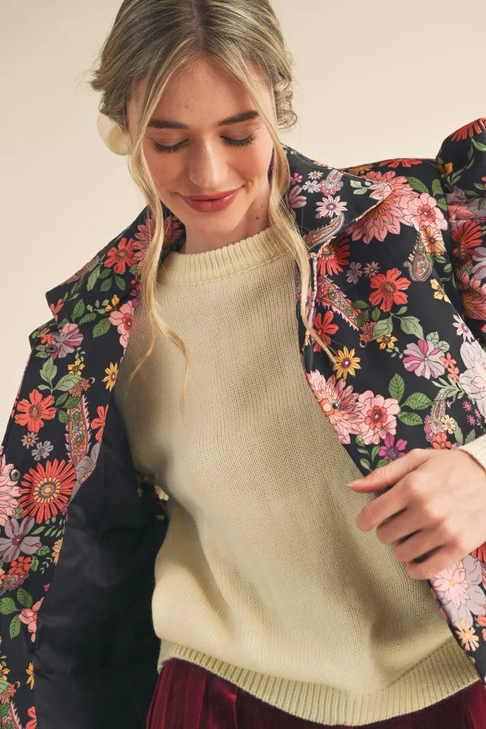 Black and Floral Ruffle Sleeved Puff Vest