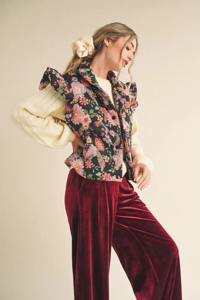 Black and Floral Ruffle Sleeved Puff Vest