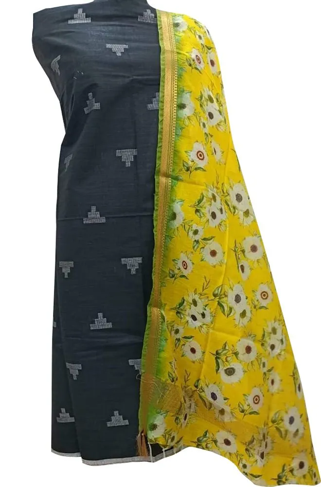 Black Bhagalpur Linen Two Piece Unstitched Suit Set With Digital Printed Dupatta