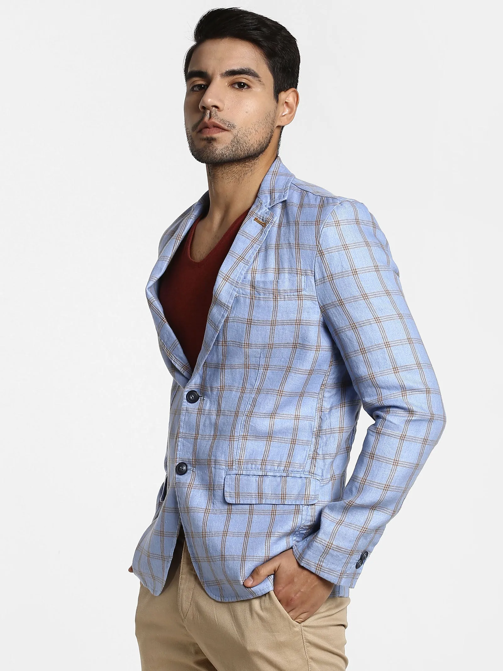 Blue Checked Linen Blazer