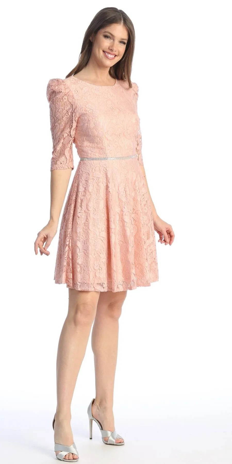 Celavie 6530-S Short A-Line Lace Dress with Mid-Length Sleeves