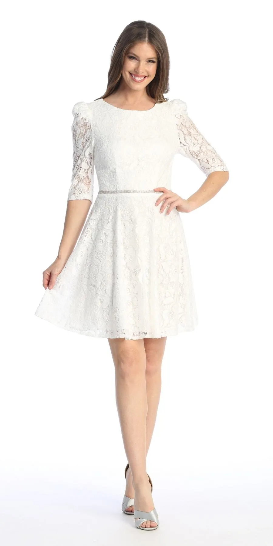 Celavie 6530-S Short A-Line Lace Dress with Mid-Length Sleeves