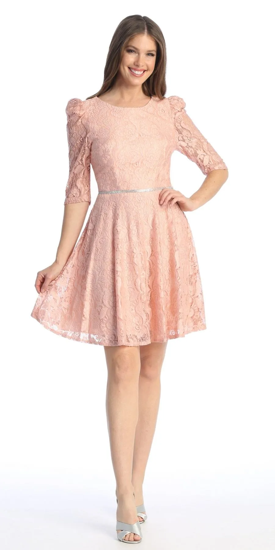 Celavie 6530-S Short A-Line Lace Dress with Mid-Length Sleeves