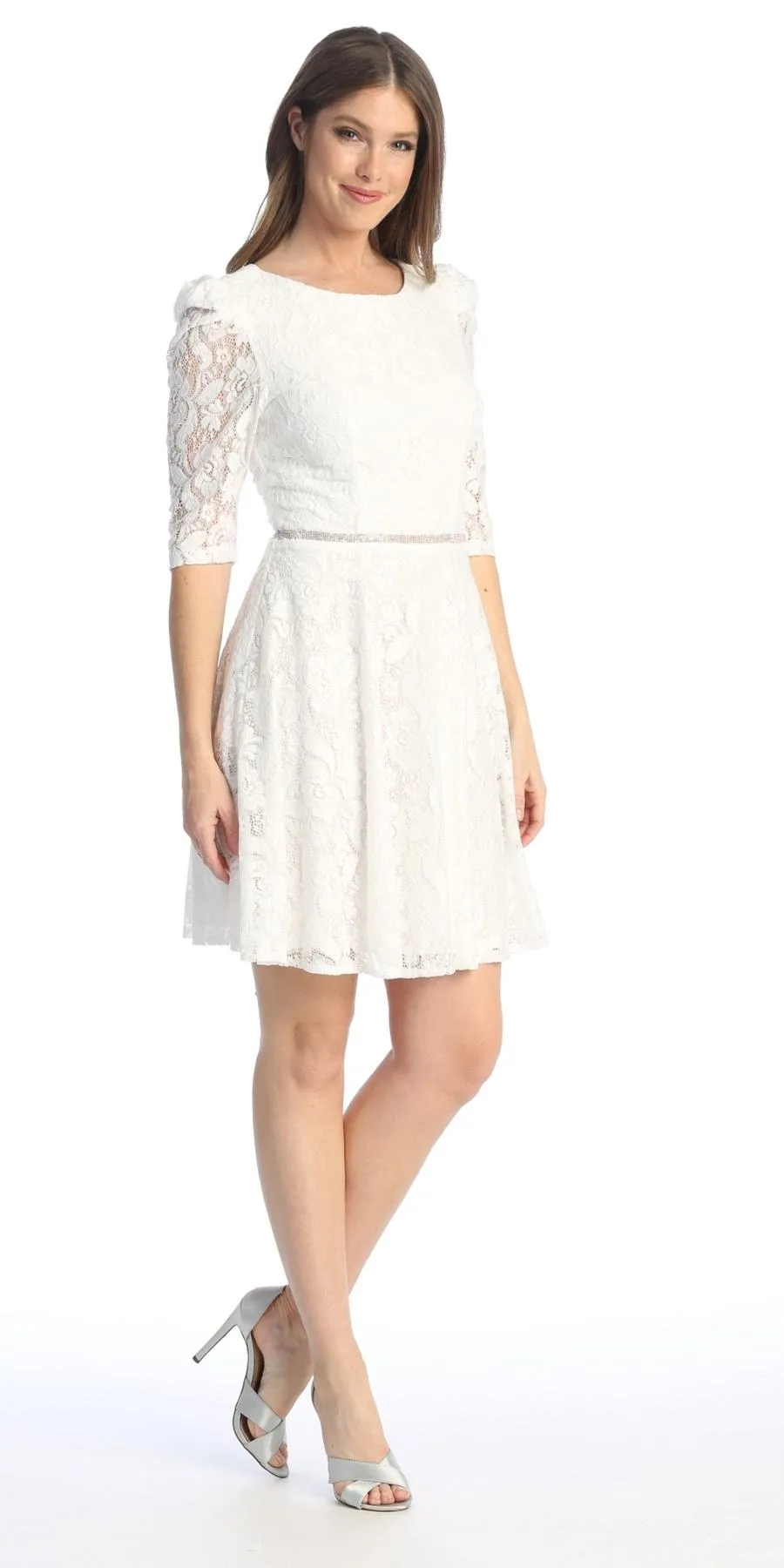 Celavie 6530-S Short A-Line Lace Dress with Mid-Length Sleeves