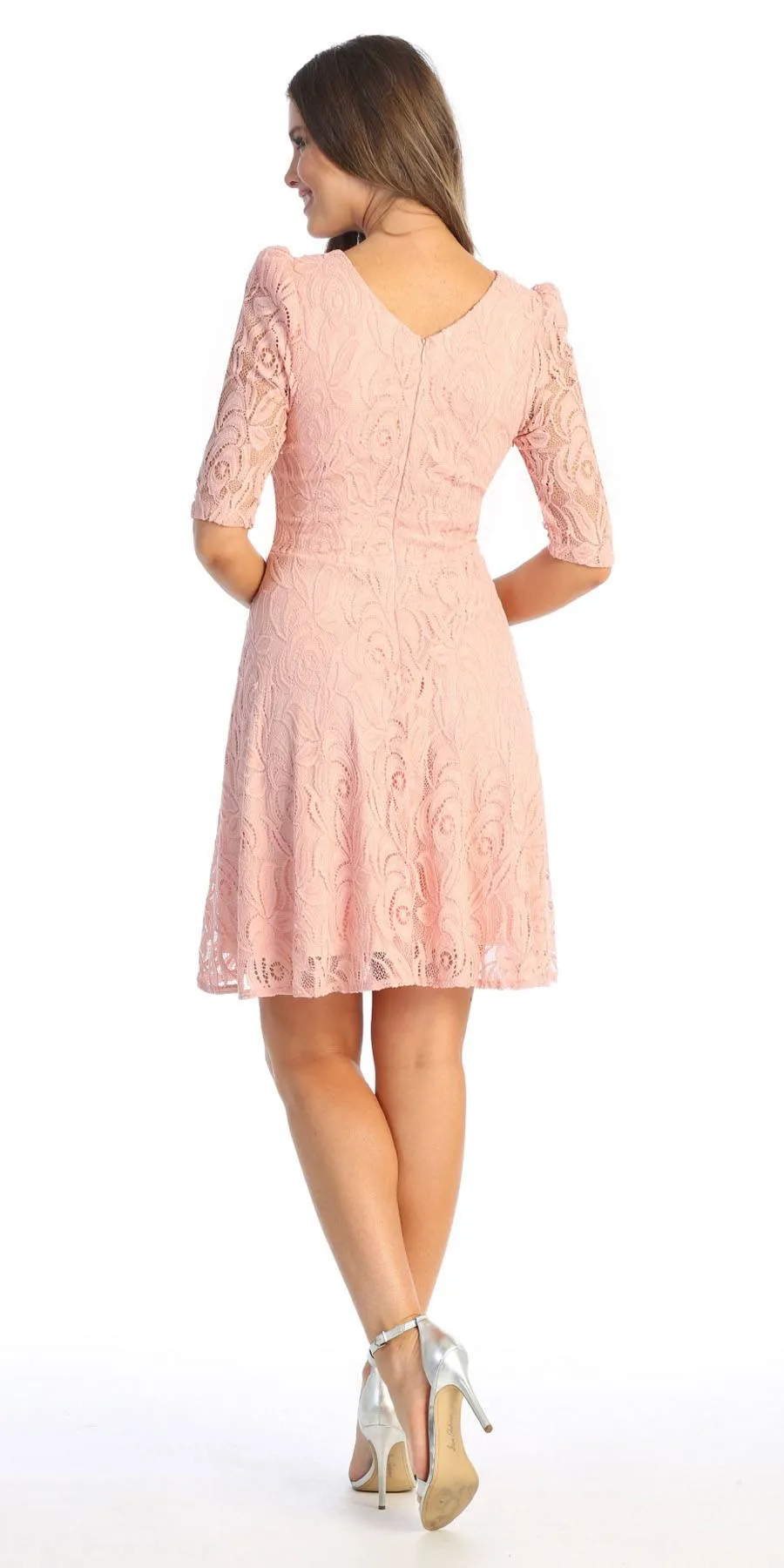 Celavie 6530-S Short A-Line Lace Dress with Mid-Length Sleeves