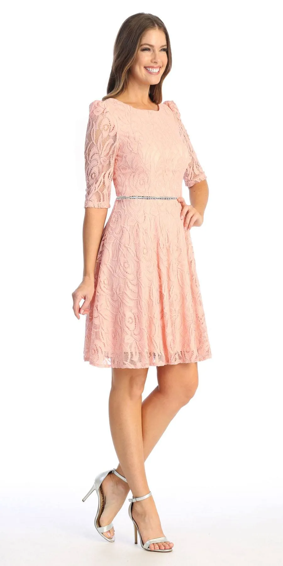 Celavie 6530-S Short A-Line Lace Dress with Mid-Length Sleeves