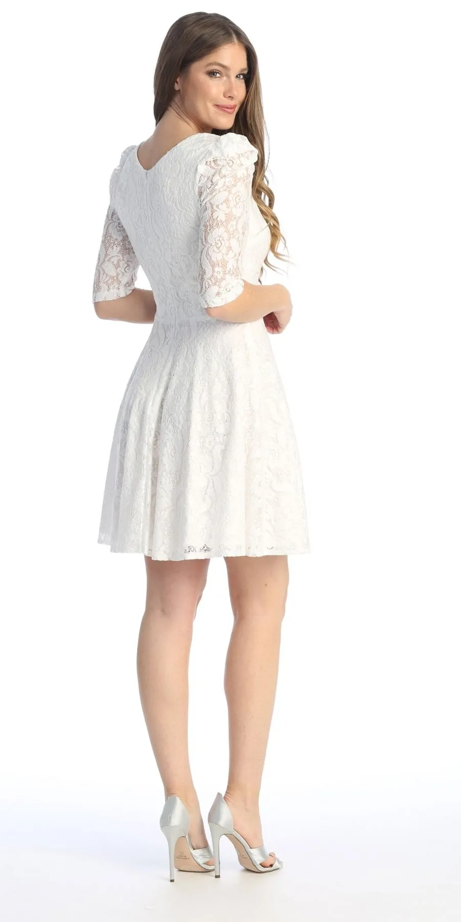 Celavie 6530-S Short A-Line Lace Dress with Mid-Length Sleeves