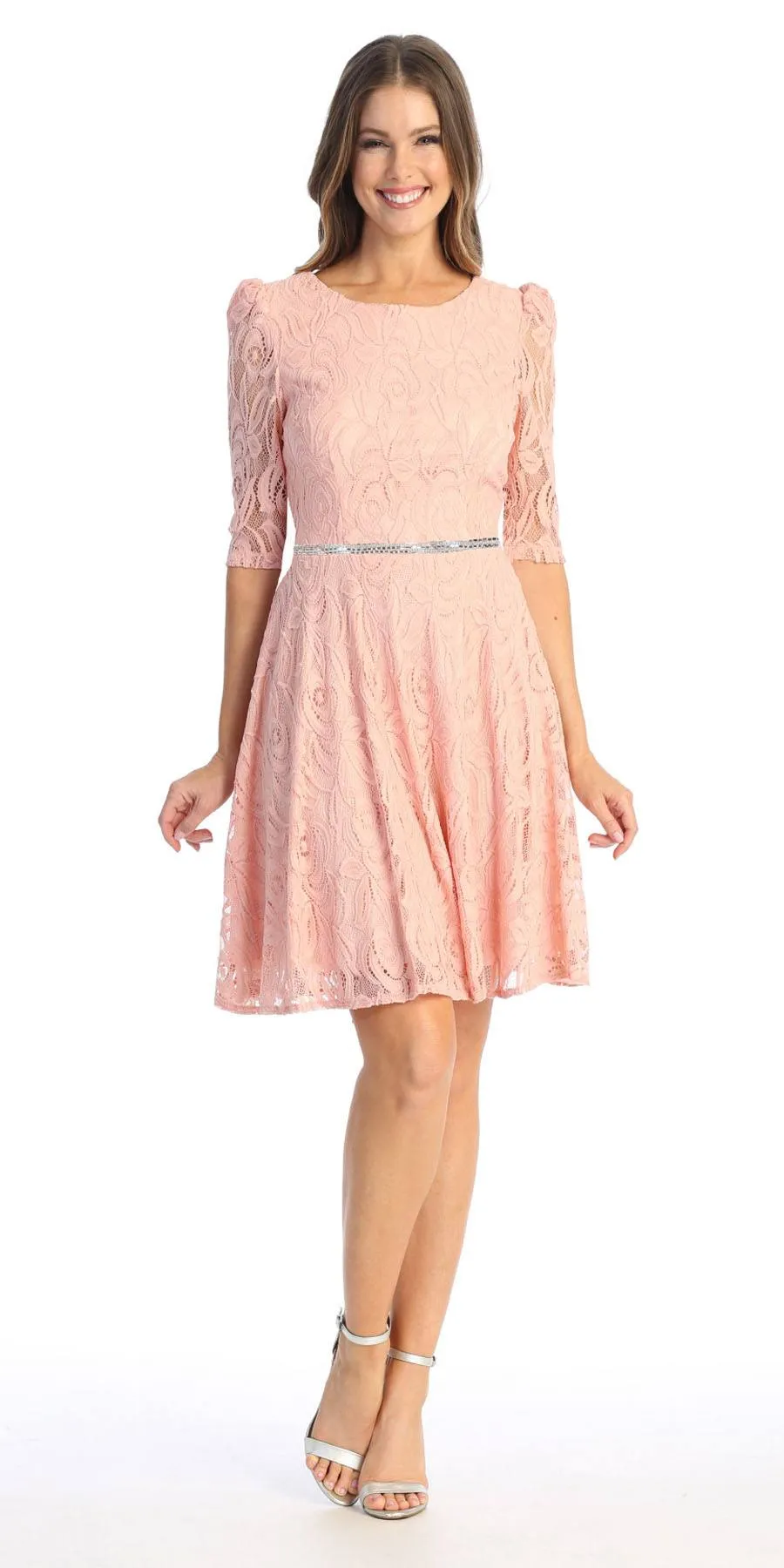Celavie 6530-S Short A-Line Lace Dress with Mid-Length Sleeves