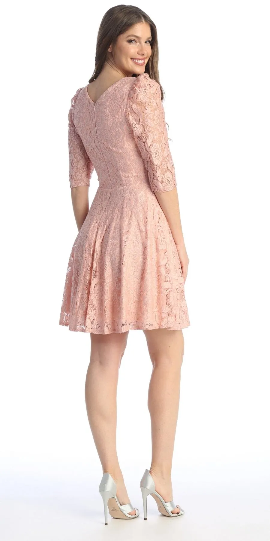 Celavie 6530-S Short A-Line Lace Dress with Mid-Length Sleeves