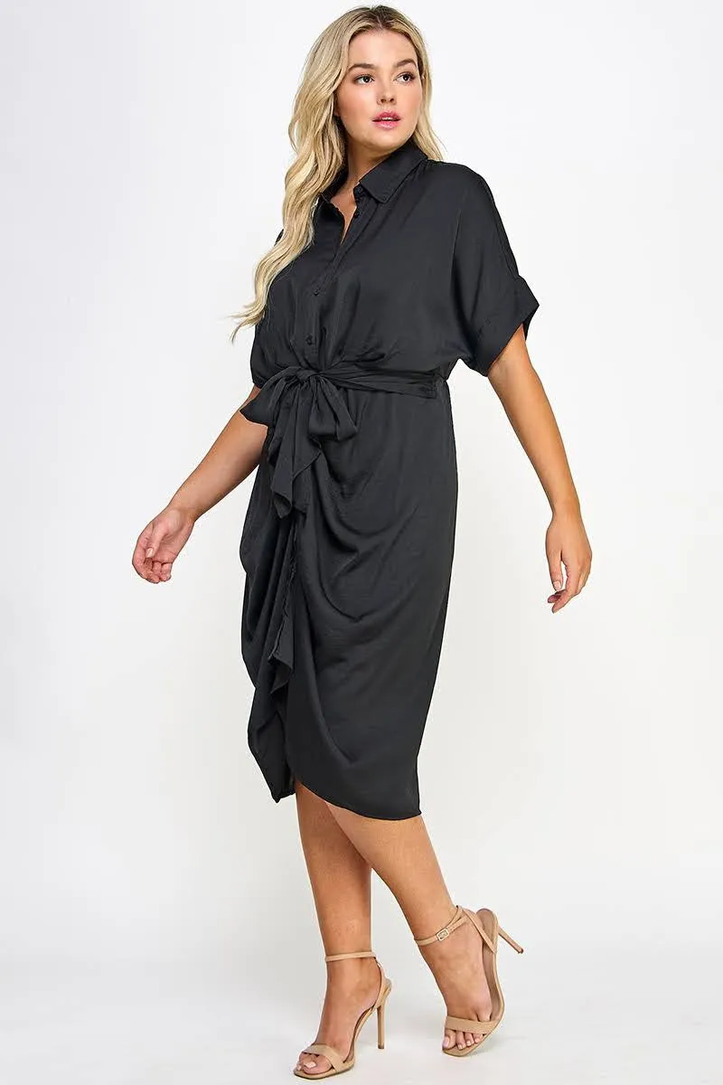 Curvy Tie Waist Button Down Dress