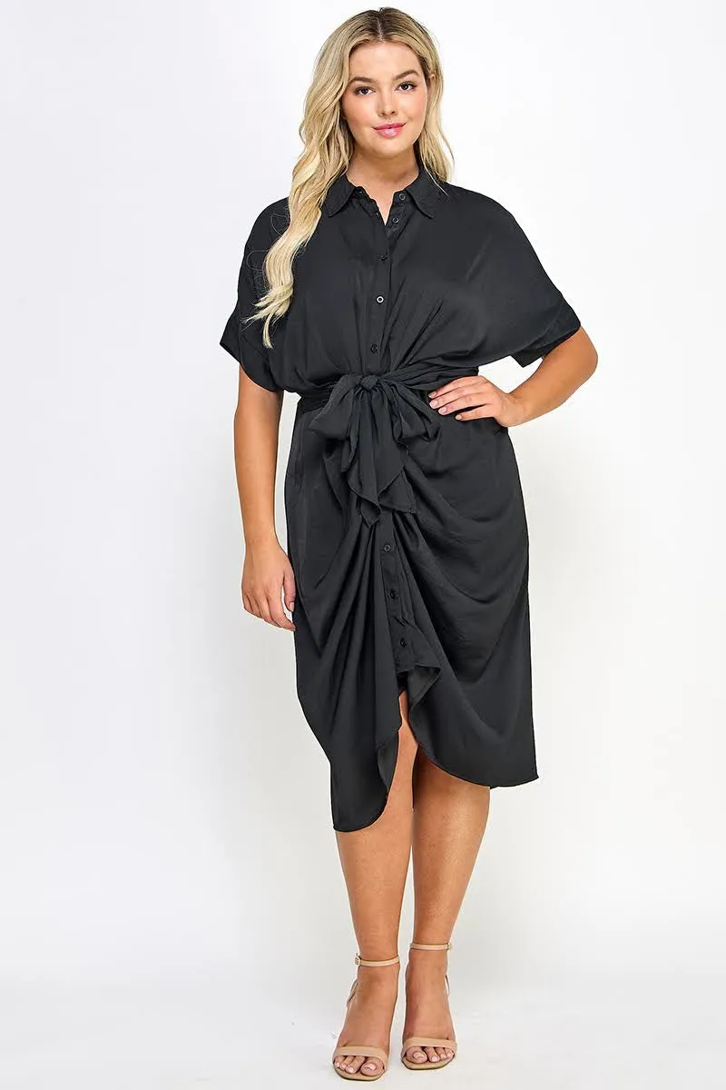 Curvy Tie Waist Button Down Dress