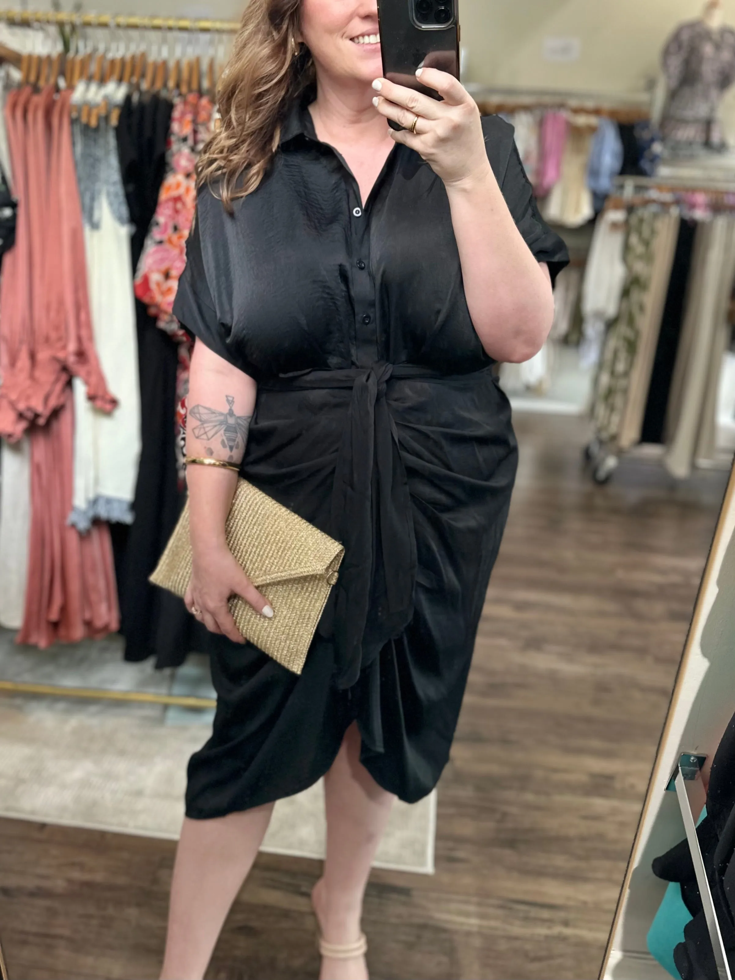 Curvy Tie Waist Button Down Dress