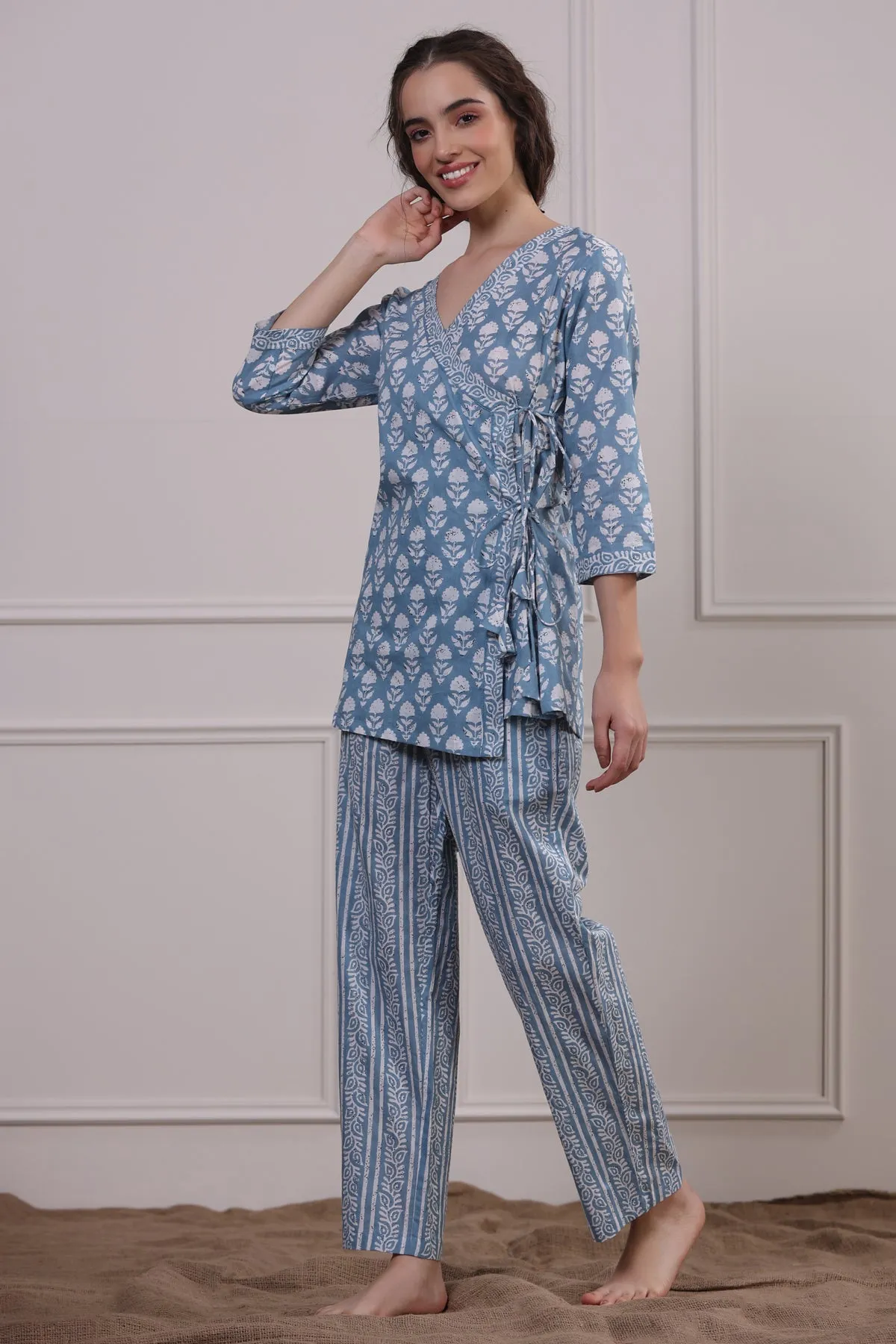 Floral Motifs with Stripes on Sky Blue Angrakha Set