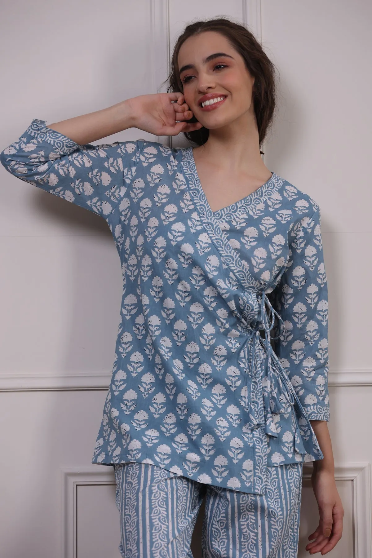 Floral Motifs with Stripes on Sky Blue Angrakha Set