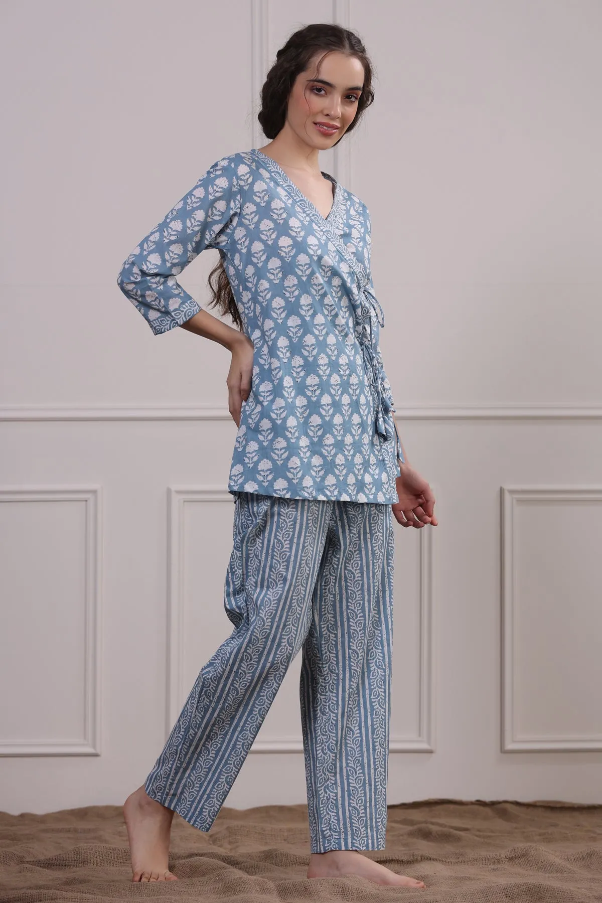 Floral Motifs with Stripes on Sky Blue Angrakha Set