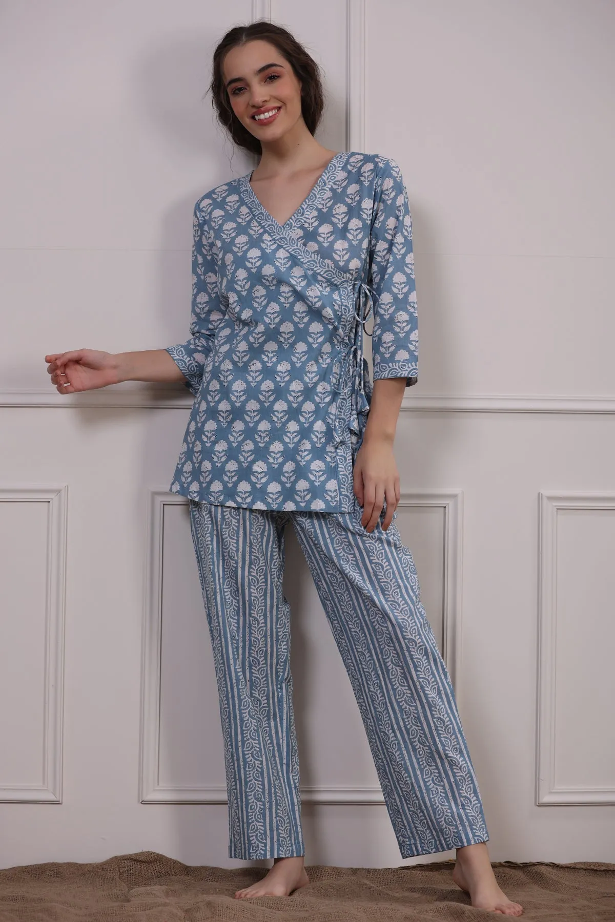 Floral Motifs with Stripes on Sky Blue Angrakha Set