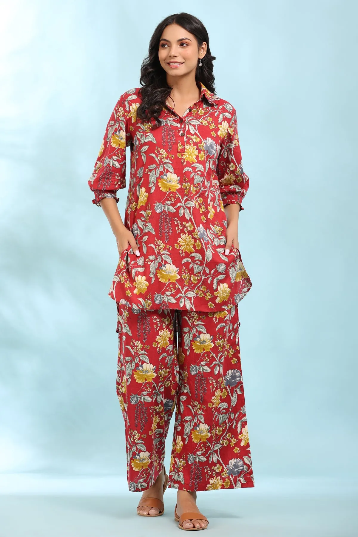 Floral Print Red Collared Cotton Loungewear Set