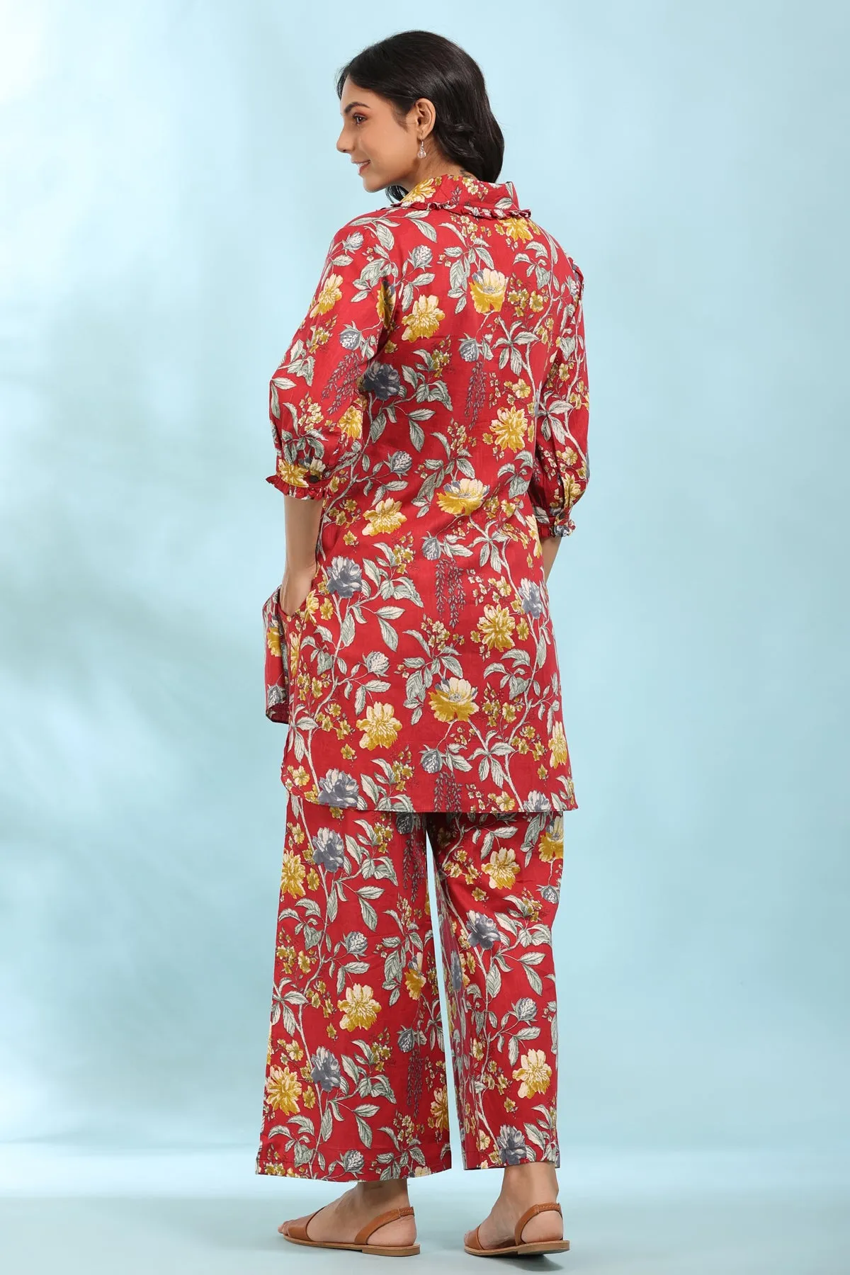Floral Print Red Collared Cotton Loungewear Set