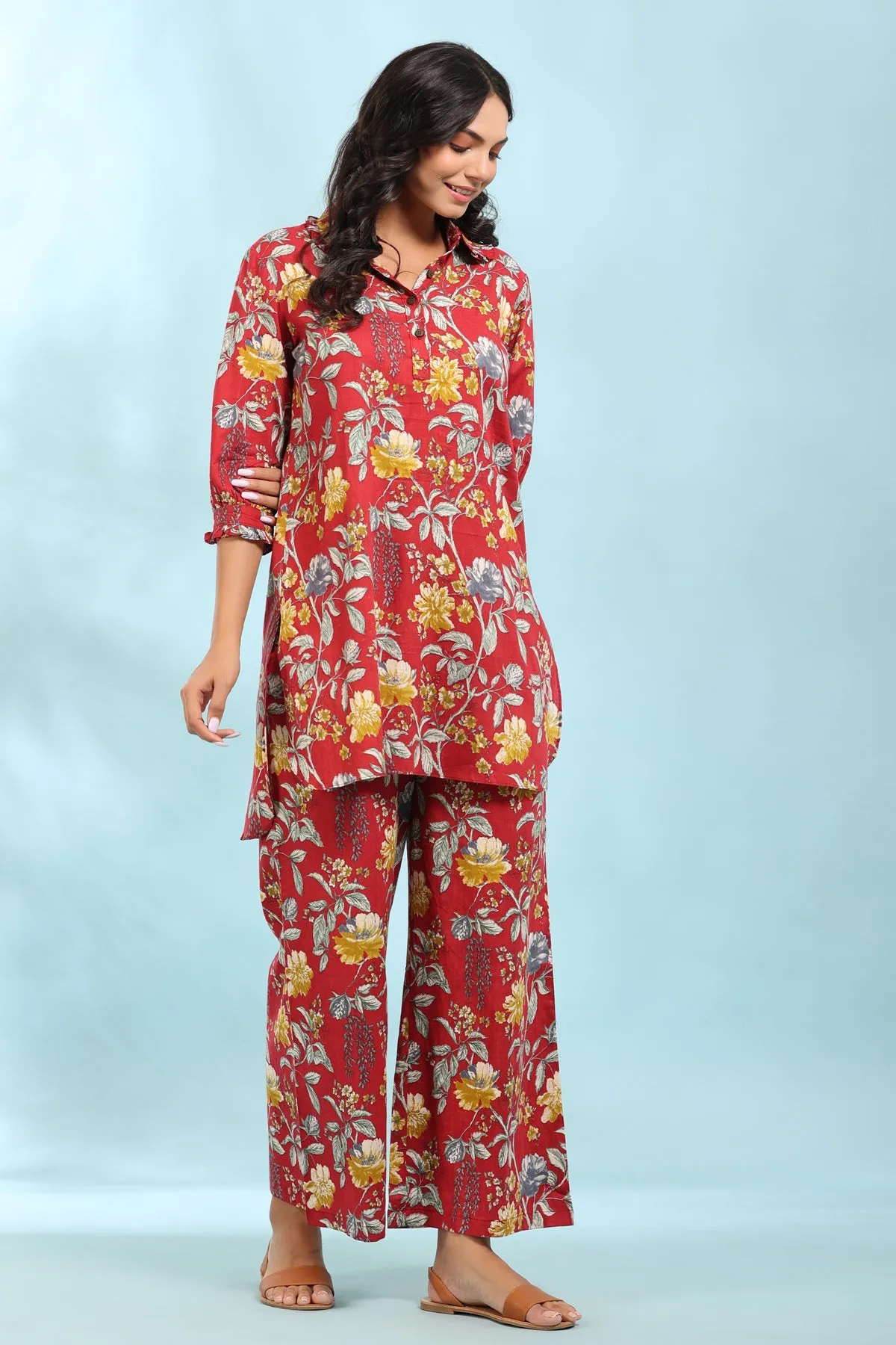Floral Print Red Collared Cotton Loungewear Set
