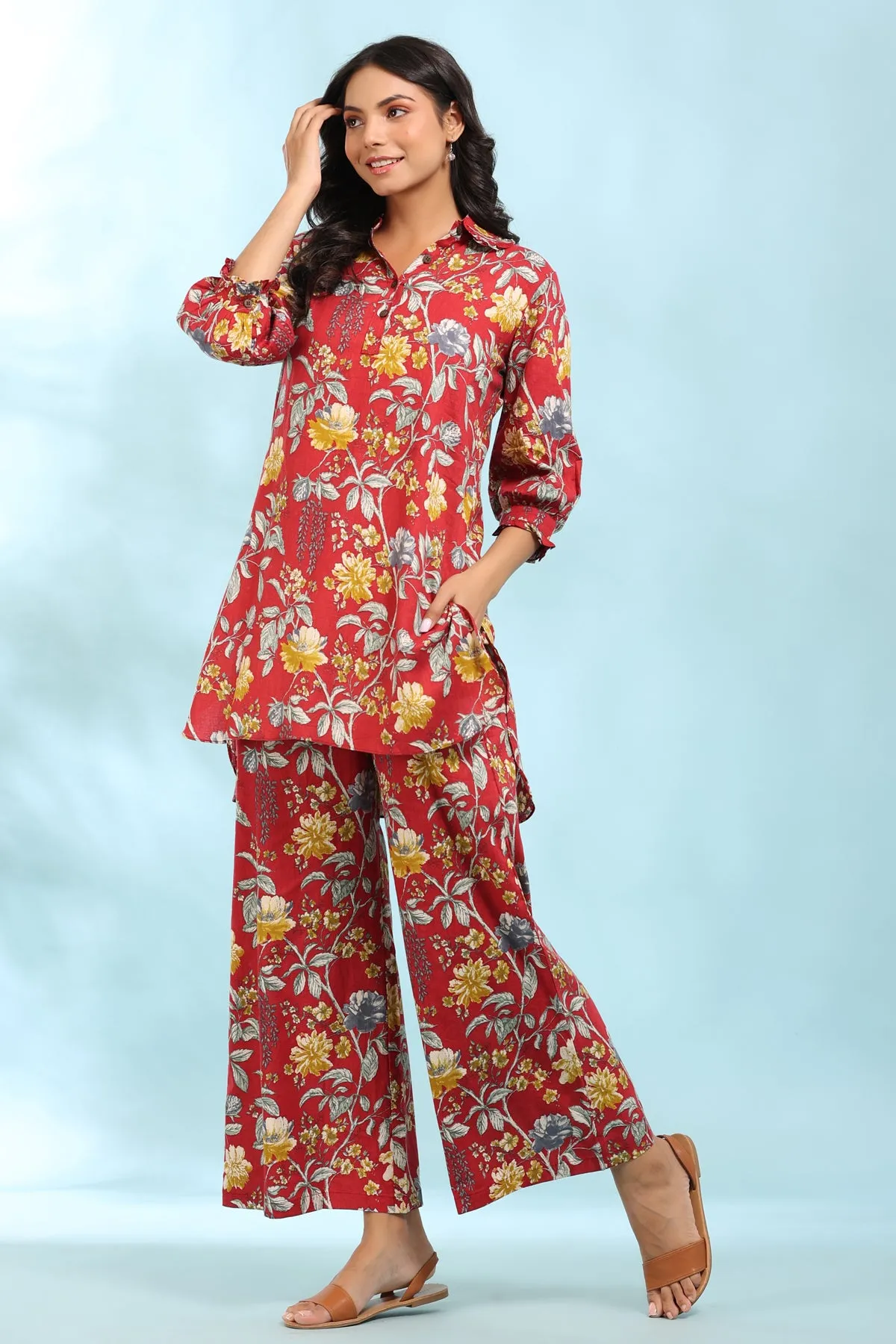 Floral Print Red Collared Cotton Loungewear Set