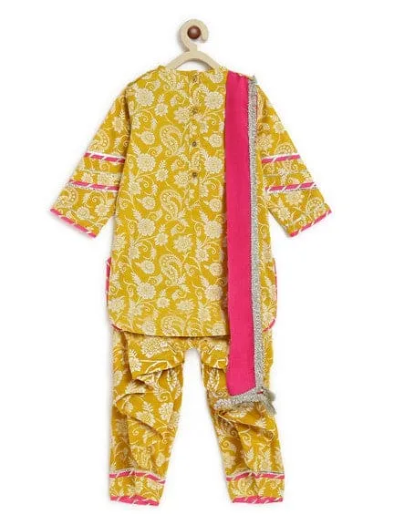 Girl Floral Jaal Suit Set - Yellow