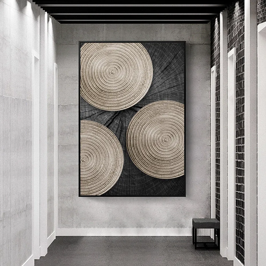 Golden Black Wood Tree Rings Wall Art Fine Art Canvas Prints Modern Abstract Pictures For Urban Loft Luxury Living Room Decor