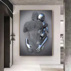 Gray Metallic 3d Effect Cyborg Lovers Figure Art Wall Art Fine Art Canvas Prints Abstract Pictures For Modern Loft Living Room Decor