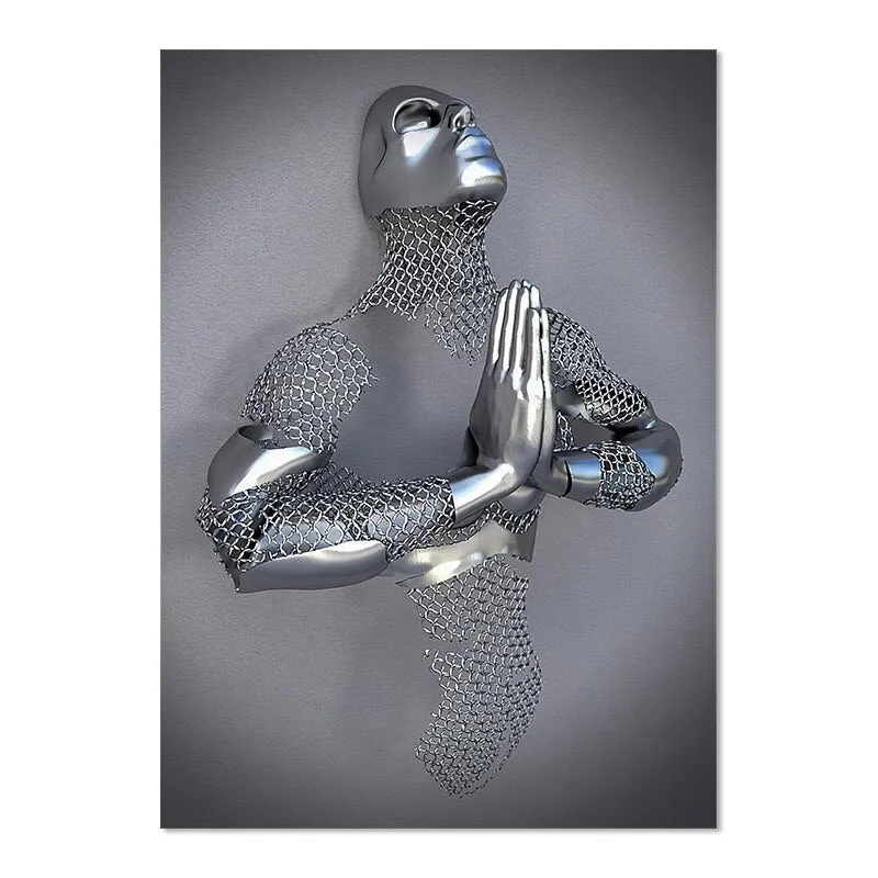 Gray Metallic 3d Effect Cyborg Lovers Figure Art Wall Art Fine Art Canvas Prints Abstract Pictures For Modern Loft Living Room Decor