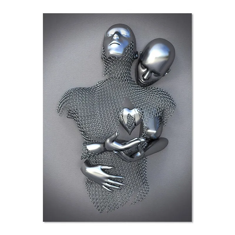 Gray Metallic 3d Effect Cyborg Lovers Figure Art Wall Art Fine Art Canvas Prints Abstract Pictures For Modern Loft Living Room Decor