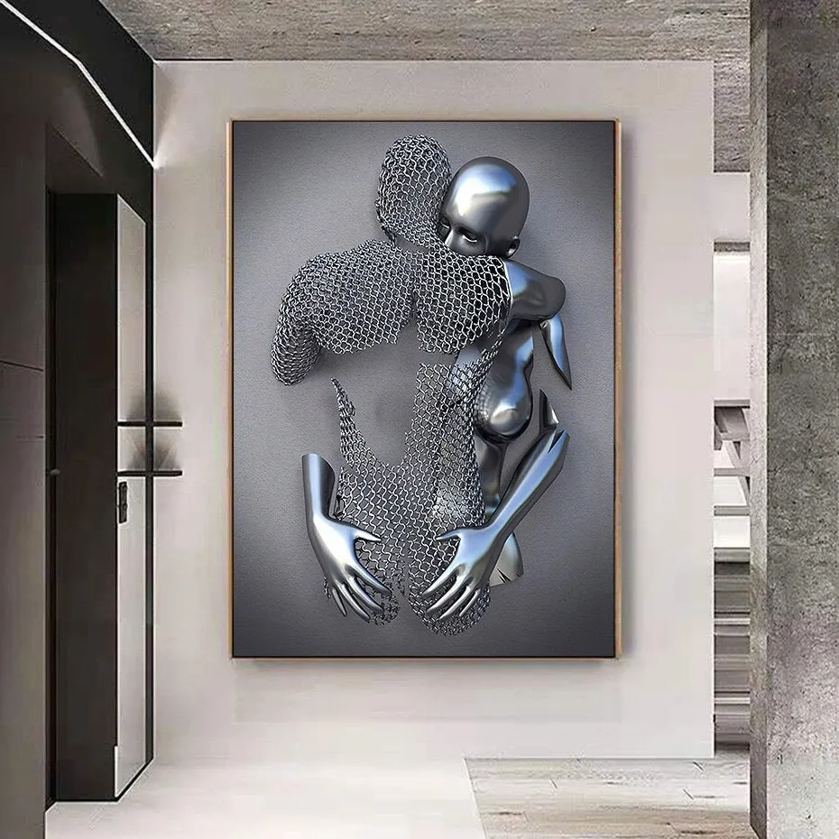 Gray Metallic 3d Effect Cyborg Lovers Figure Art Wall Art Fine Art Canvas Prints Abstract Pictures For Modern Loft Living Room Decor