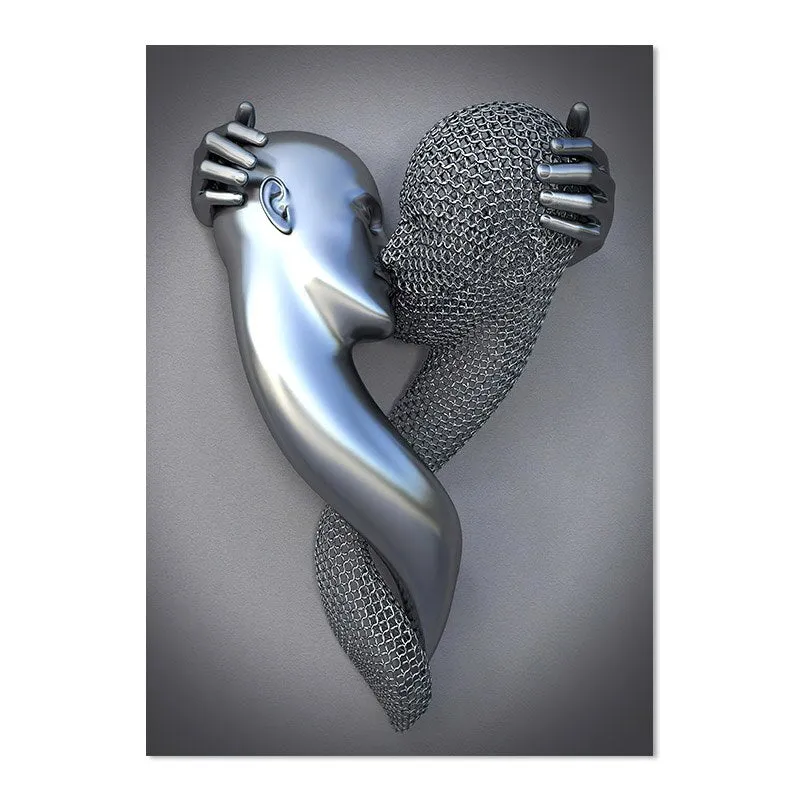 Gray Metallic 3d Effect Cyborg Lovers Figure Art Wall Art Fine Art Canvas Prints Abstract Pictures For Modern Loft Living Room Decor