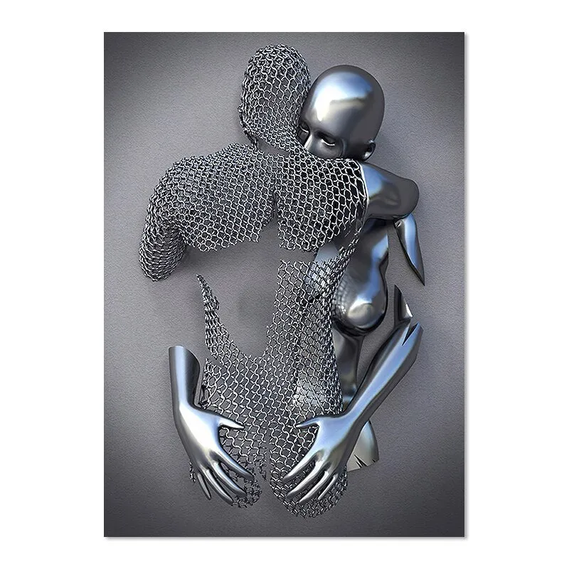 Gray Metallic 3d Effect Cyborg Lovers Figure Art Wall Art Fine Art Canvas Prints Abstract Pictures For Modern Loft Living Room Decor