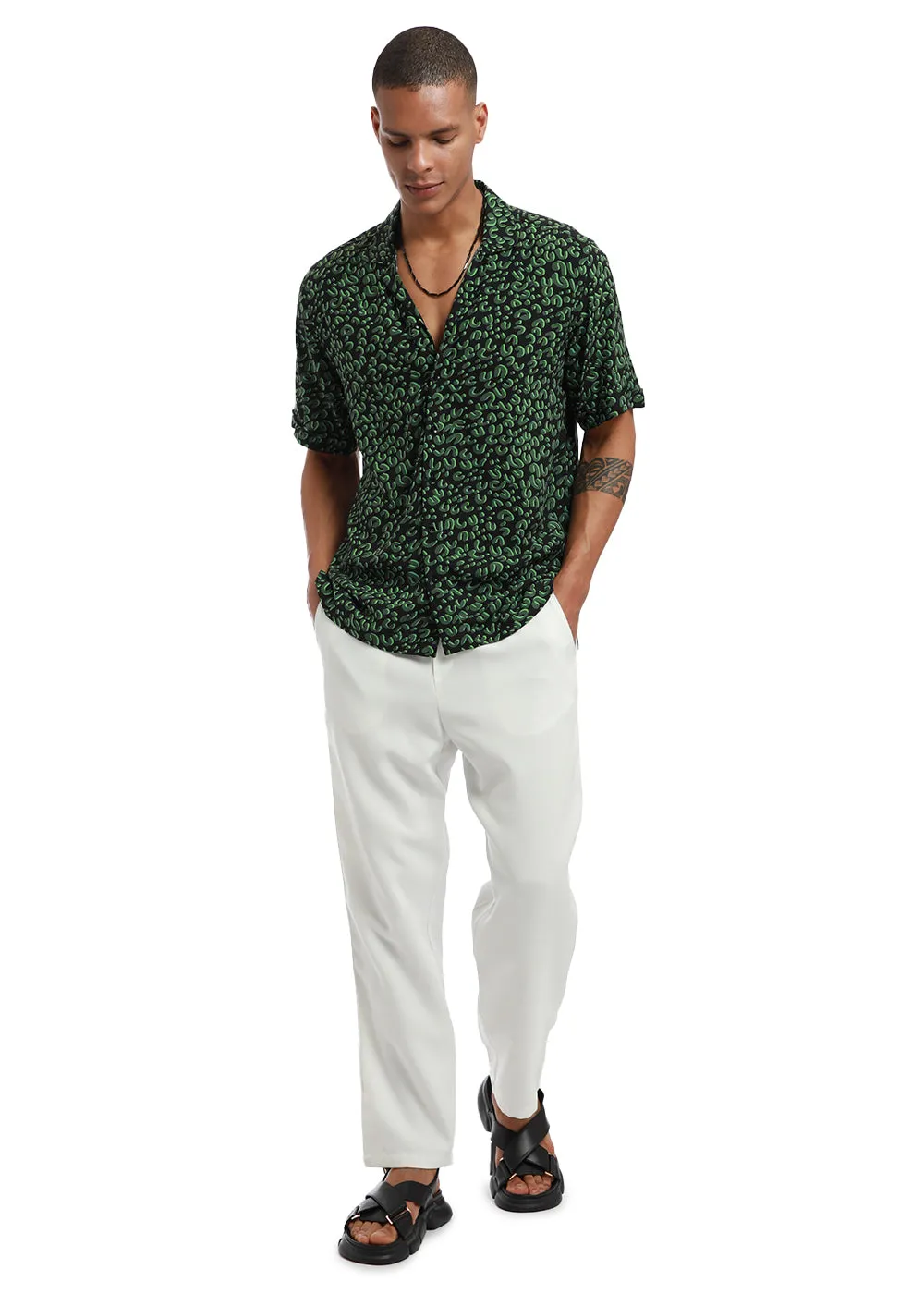 Green Panthera Print Half sleeve shirt