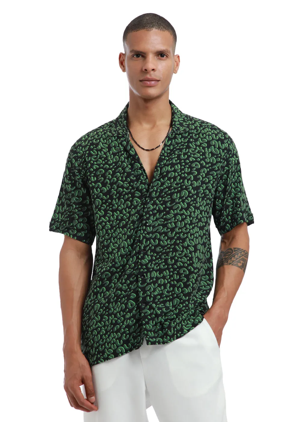 Green Panthera Print Half sleeve shirt