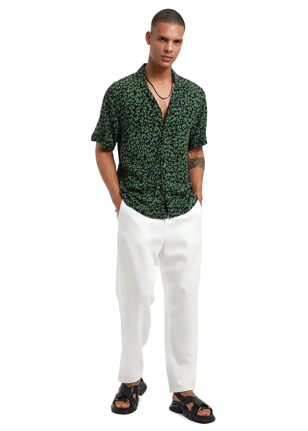 Green Panthera Print Half sleeve shirt