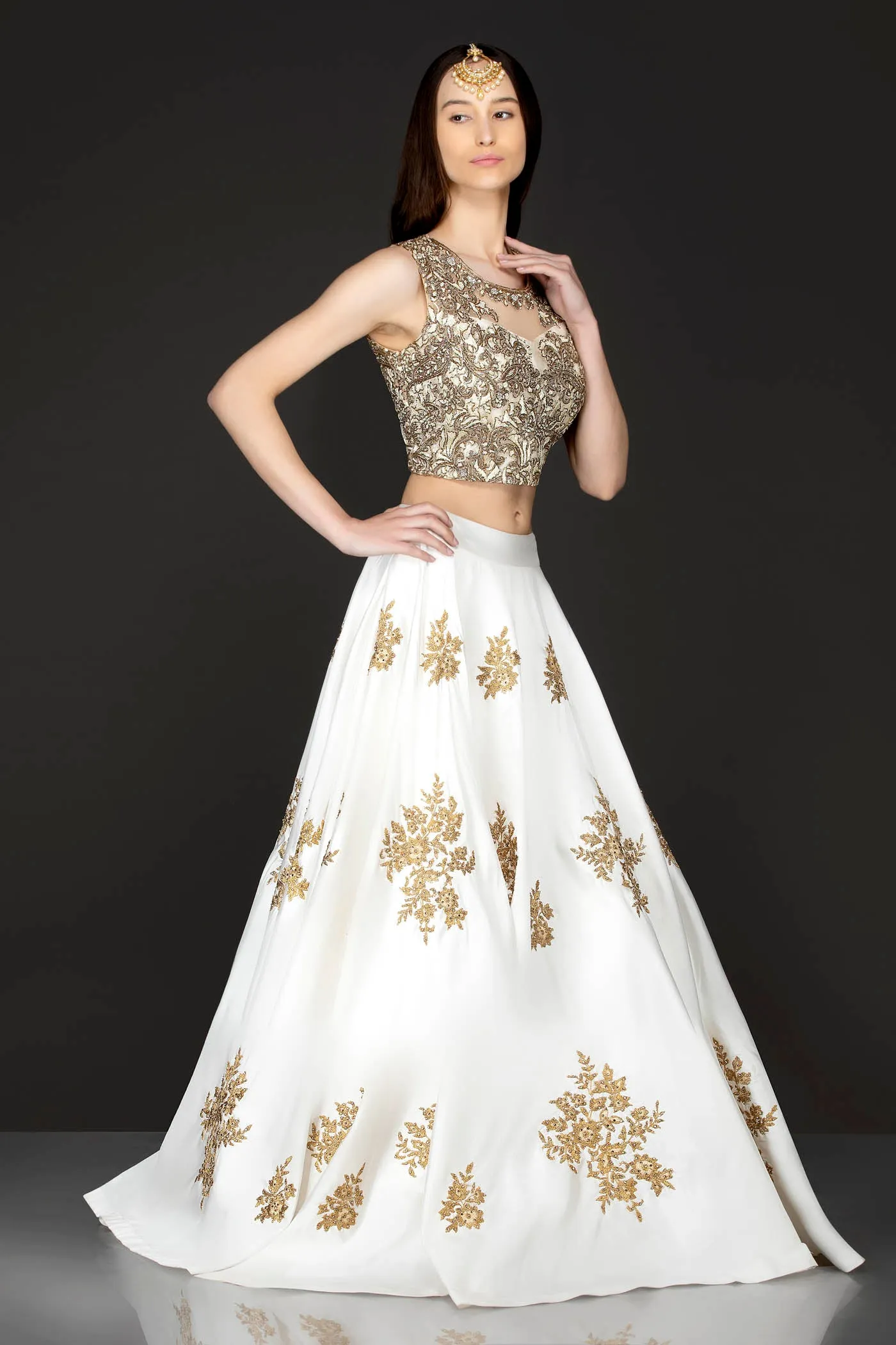 Ivory Silk Skirt And Gold Net Top With Gold Dabka And White Thread Embroidery