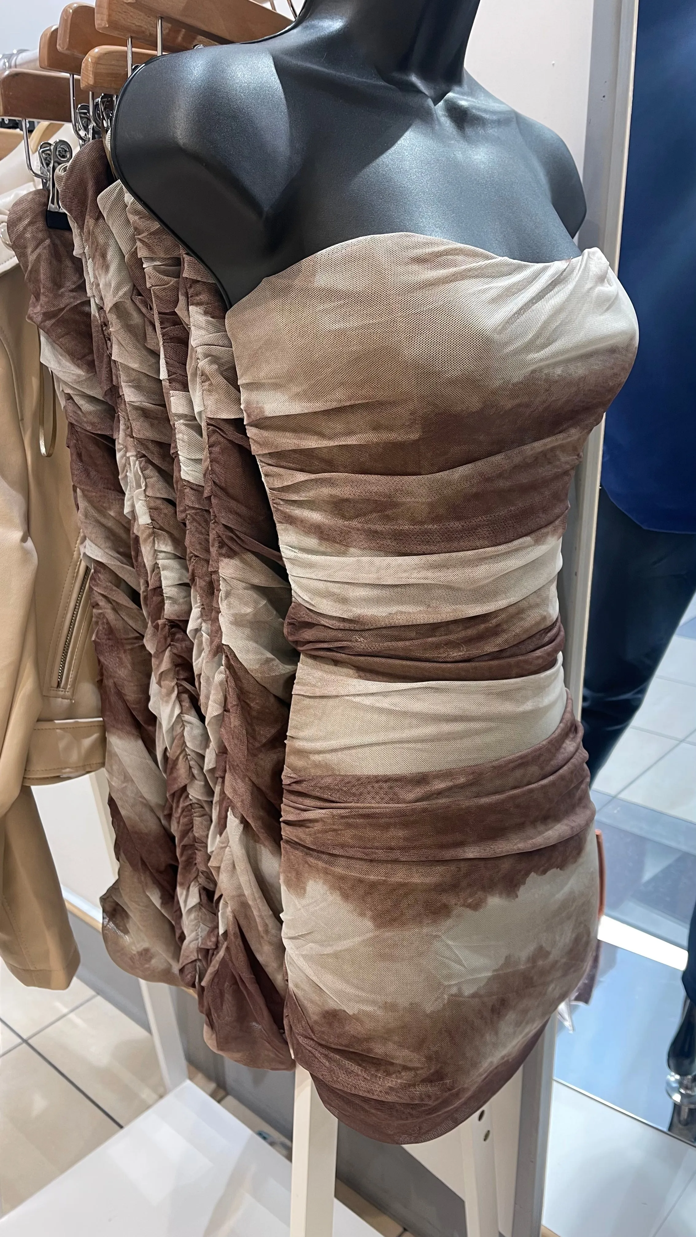 Karen - Brown/Beige Ruched Marble Dress