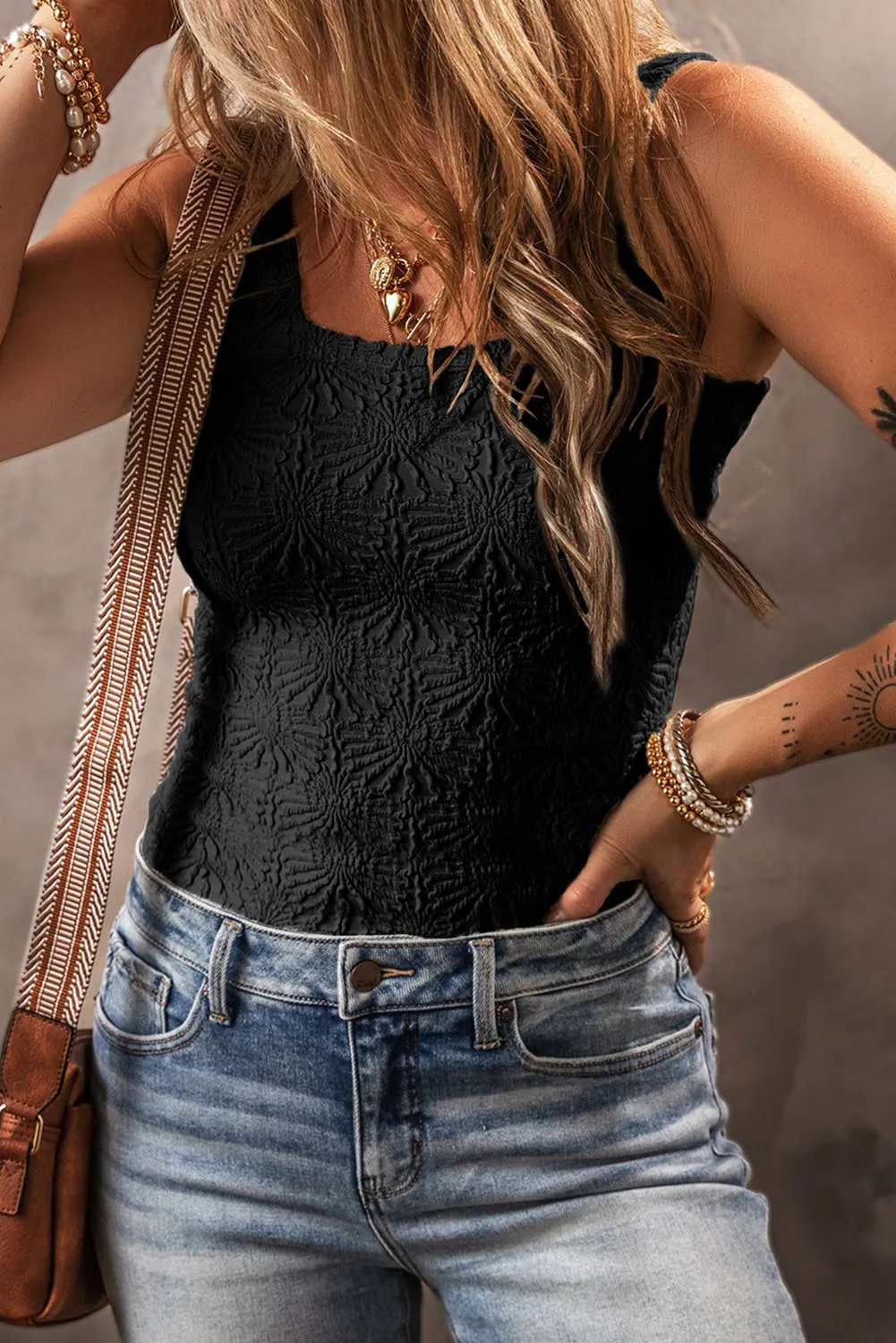 LDC Floral Jacquard Square Neck Tank Top: Black / L