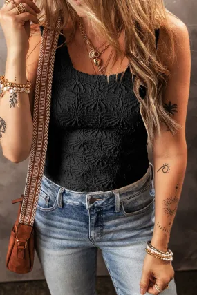 LDC Floral Jacquard Square Neck Tank Top: Black / M