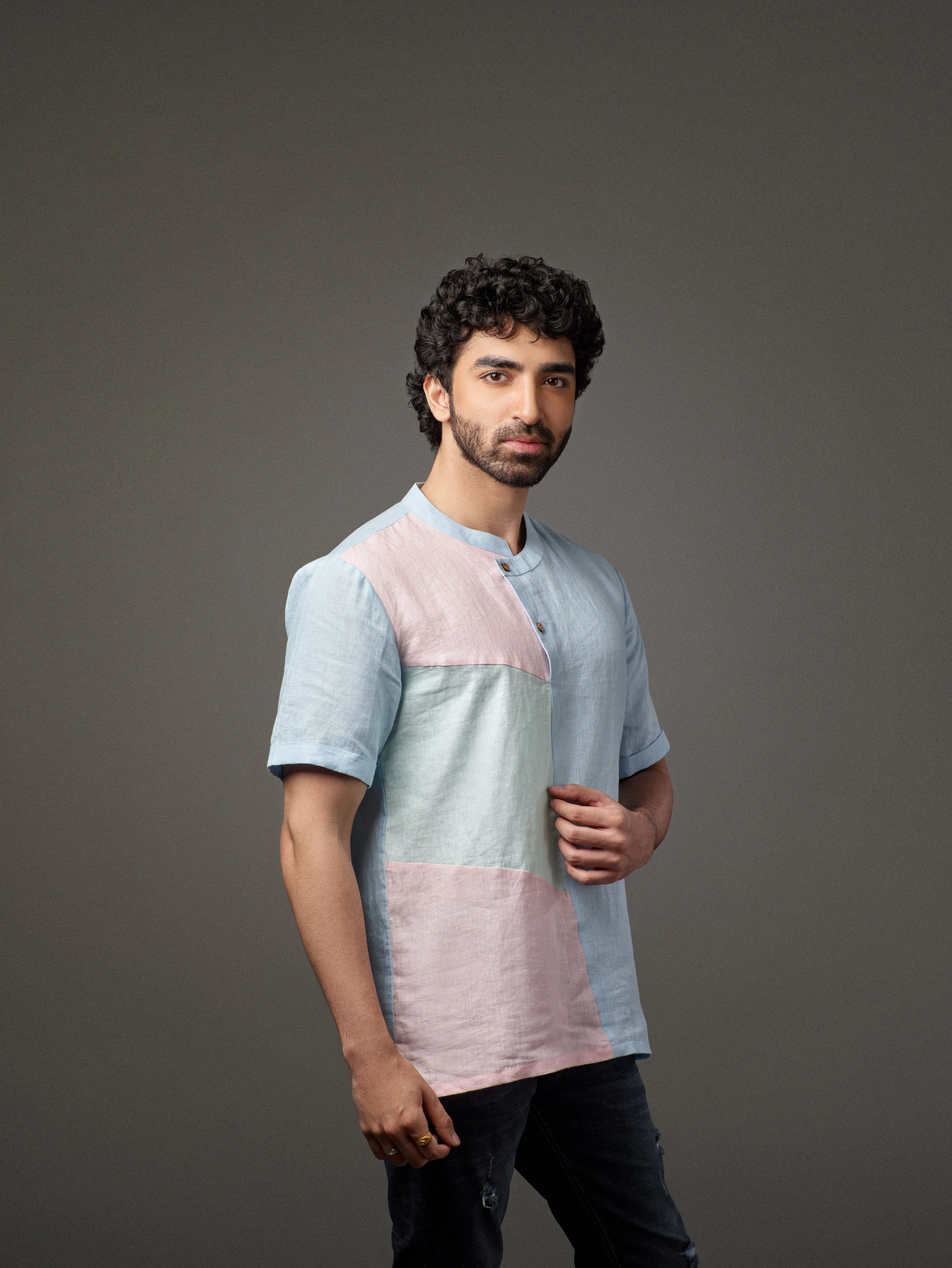 Linen Double Shade Color Patch Overlap Placket Shirt