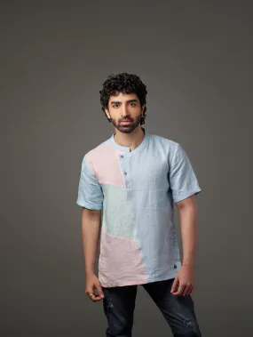 Linen Double Shade Color Patch Overlap Placket Shirt