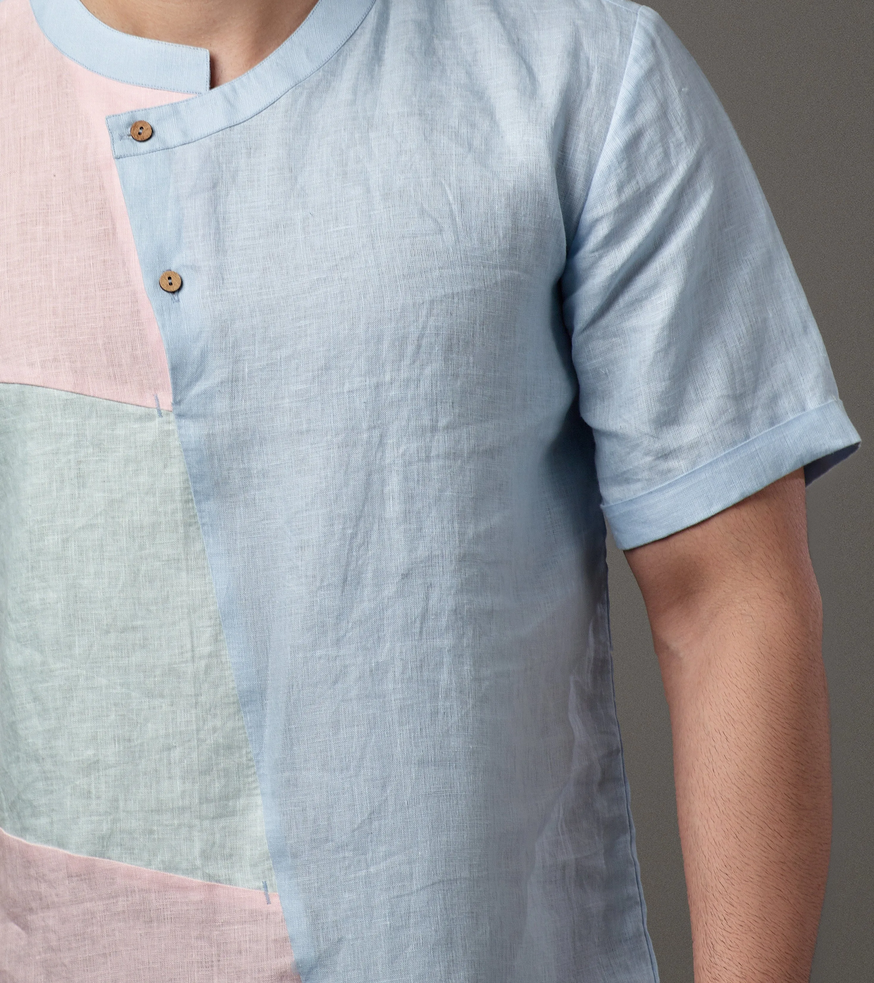 Linen Double Shade Color Patch Overlap Placket Shirt