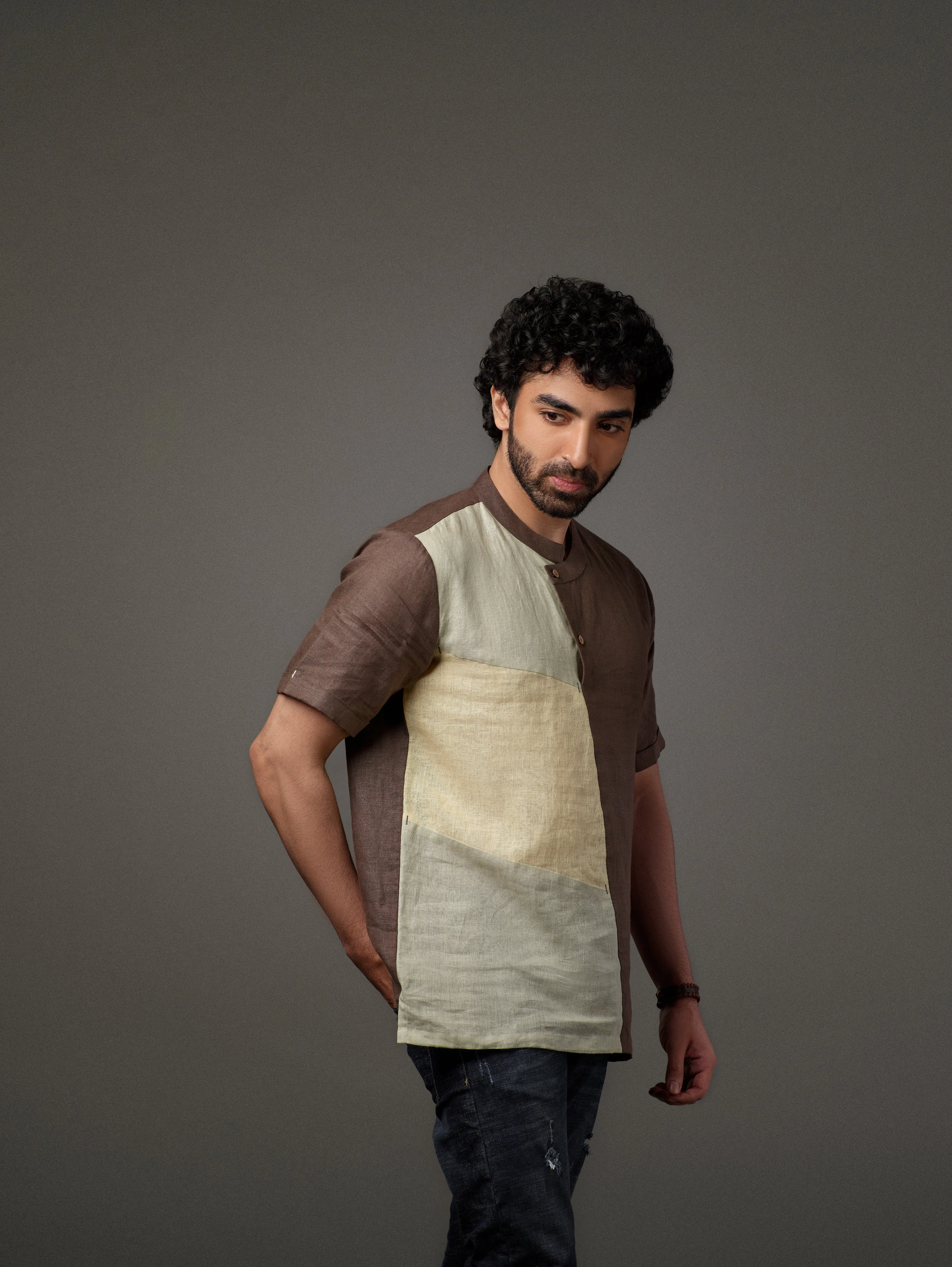 Linen Multi Color Patch Overlap Placket Shirt