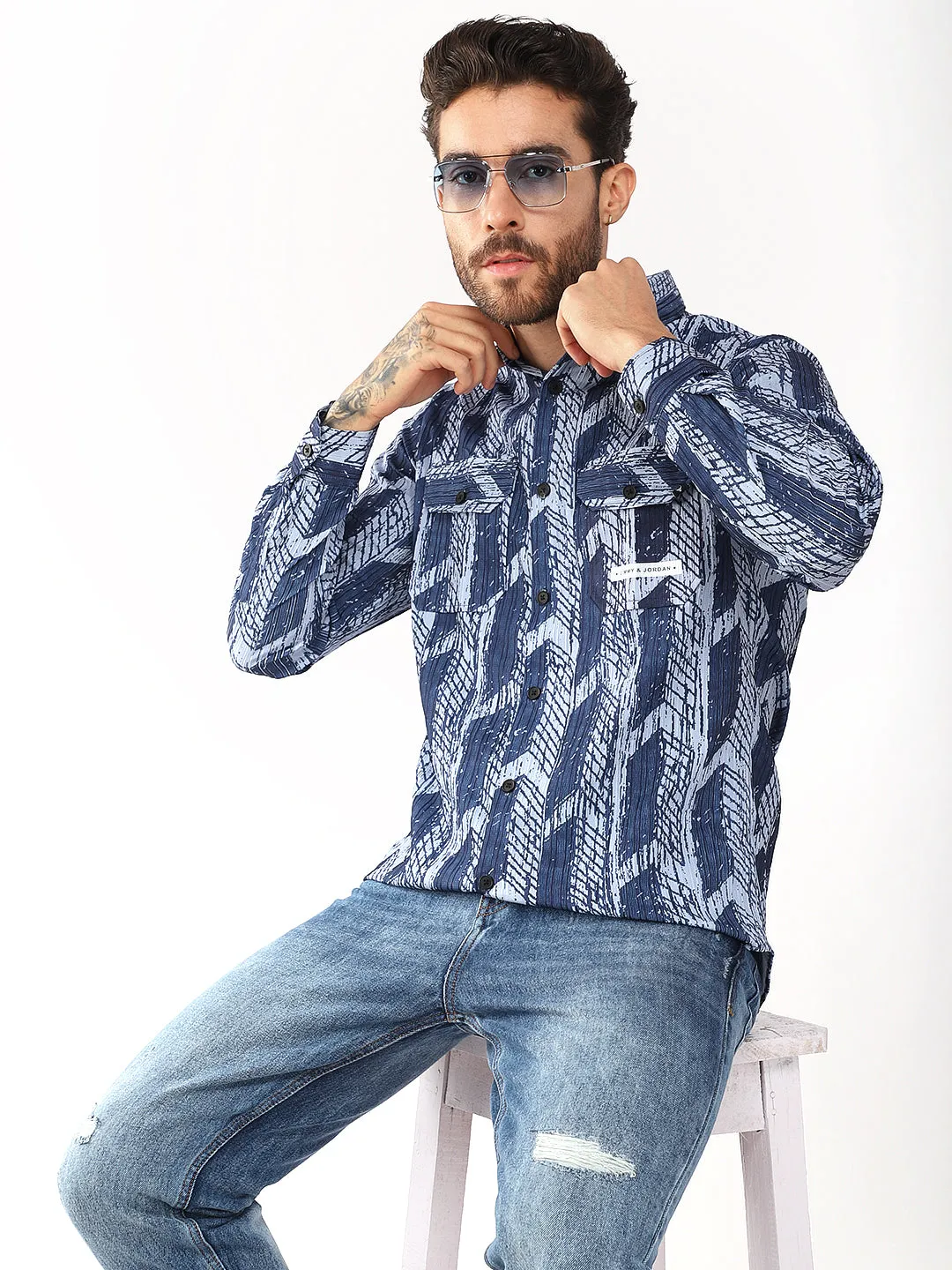 Multi Mosaic Motif Blue Shirt