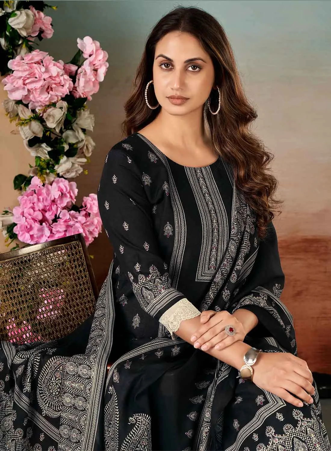 Rivaa Unstitched Black Pashmina Winter Suit Dress Material for Women
